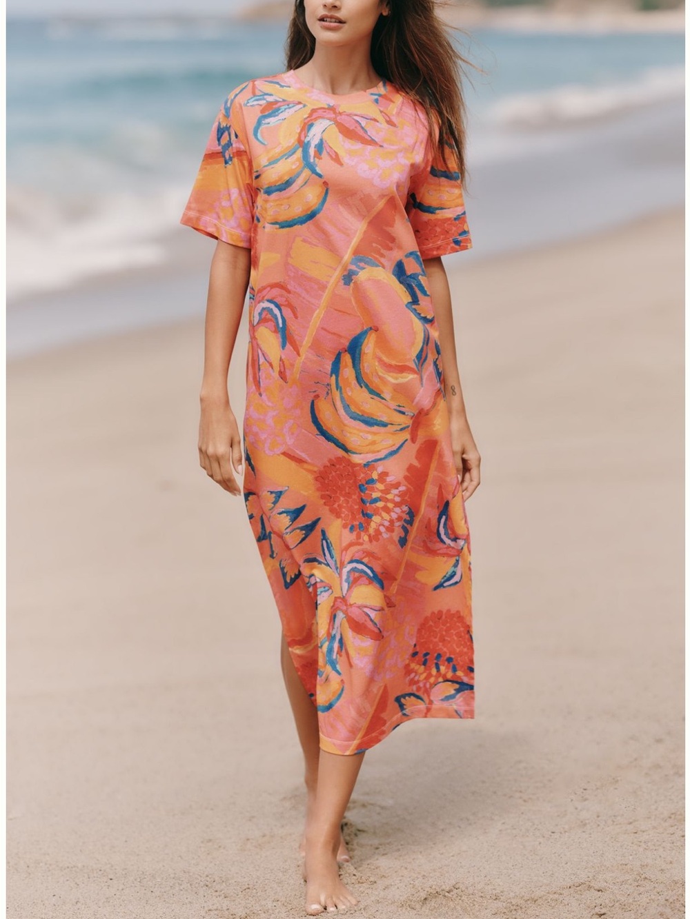 New FARM Rio x Anthropologie Fruit Brush Cotton Midi T-Shirt Dress